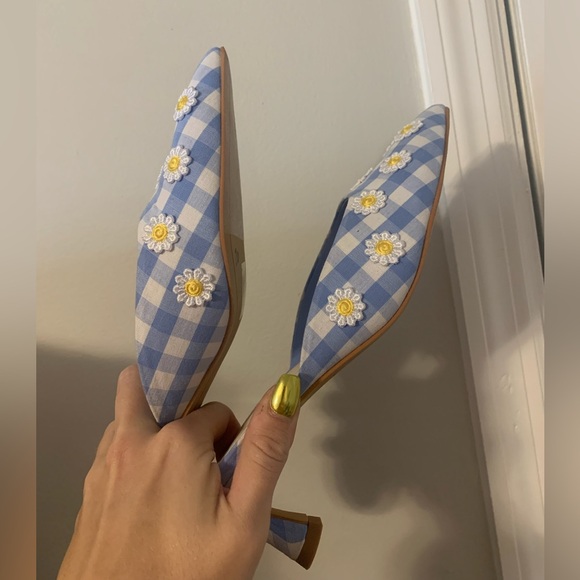 Dolce Vita x For Love & Lemons Lilou Blue White Gingham Daisy Floral Mules - Picture 4 of 4